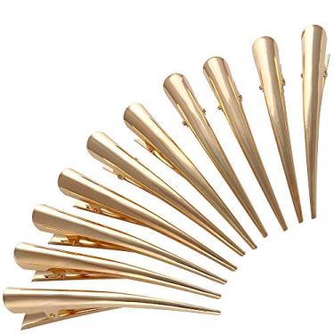 Imagem de LONEEDY Pacote com 10 grampos de cabelo bico de pato com dentes, clipes de metal jacaré com furos para pentear, presilhas de cabelo antiderrapantes acessórios DIY (grande, dourado)