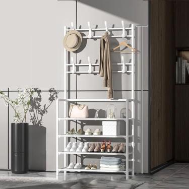 Imagem de Banco de armazenamento de árvore 3 em 1 para hall de entrada, organizador industrial com 8 ganchos para sala de estar, quarto, escritório