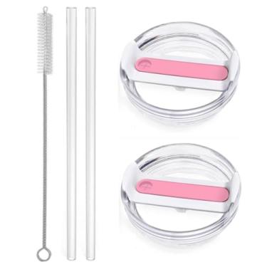 Imagem de 2 peças de tampa de copo para acessórios de copo Stanley, tampa de copo de substituição de 1,134 g, 2 canudos reutilizáveis extra longos e 1 escova de limpeza (rosa)