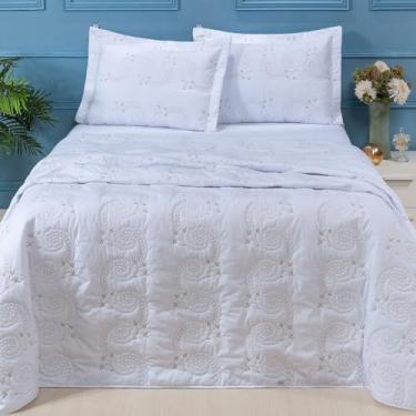 Imagem de Cobre Leito Colcha Queen 03 Peças Percal 200 Fios 100% Algodão Bordado Mistral (Branco)