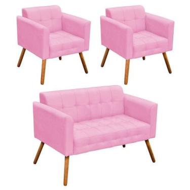 Imagem de Kit 01 Namoradeira e 02 Poltronas Suede Pés Palito Rosa Bebê - D' ROSS