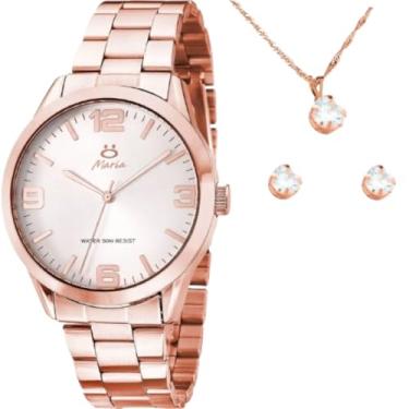 Imagem de Kit Feminino Relogio Rose Luxo Exclusividade Colar Ouro Brincos Strass Caixa Premium Presente Elegante Sofisticado Charme Beleza Qualidade Unica