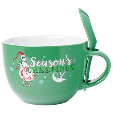 Imagem de Silver Buffalo Nightmare Before Xmas Holiday Ghostly Greetings Jack Seasons Creeping 680 g Caneca de sopa de cerâmica com colher