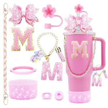 Imagem de 9 peças de acessórios de copo Stanley Bling para copo de 850 g e copo de 1134 g com alça, incluindo pingentes de iniciais, alça de couro, decoração de laço de palha, capa de cobertura de palha, bota,