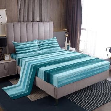 Imagem de Jogo de lençol casal geométrico, 4 peças, listras verde-petróleo, arte abstrata, aquarela, lençol com elástico, 2 fronhas