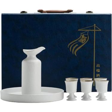 Imagem de JOEUQK Conjunto de saquê e xícaras, kit tradicional de porcelana japonesa Saka, 8 peças incluem 1 garrafa de saquê, 6 xícaras e 1 ttray, branco
