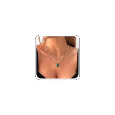 Imagem de Sttiafay Colar com pingente de esmeralda verde, gargantilha, corrente vintage com clipe de papel, feminino, ouro, zinco, boho, retrô, casamento, presente, 40,6 cm, 1 unidade, Zinco, Sem Pedra Preciosa