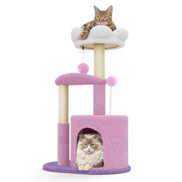 Imagem de MoNiBloom Torre de flores para gatos de 84 cm, árvore de atividades para gatos fofos com poste de arranhar para gatinhos internos, condomínio aconchegante e poleiros de pelúcia, roxo