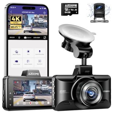 Imagem de AZDOME Câmera veicular M01 Max WiFi frontal e traseira, 4K + 1080p, cartão de 64 GB, controle de aplicativo, câmera de painel de tela de 3 polegadas para carro, sensor G ADAS integrado, à prova
