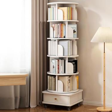 Imagem de FTOQWZXV Estante com gaveta de armazenamento | Estante giratória de canto | Estante giratória de 5/6 níveis com rodas de freio para quarto, sala de estar, sala de estudo (branca, 6 camadas)