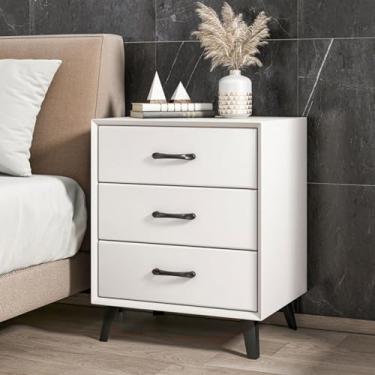 Imagem de Mesa de cabeceira com 3 gavetas moderna para quarto pequeno armário de cabeceira multifuncional mesa lateral para quarto, cabeceira, entrada, casa, escritório, banheiro, branco