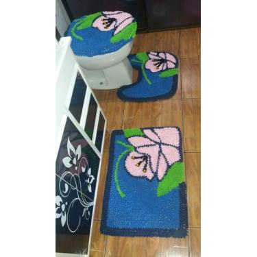 Imagem de Tapete de frufru Personalizado Banheiro 3 Peças Fundo Algodão crú - Va