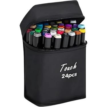 Imagem de Caneta Marcador 24 Cores Ponta Dupla Fina e Larga, com Estojo Porta-Canetas, para Colorir Desenho Profissional e Escolar, Lettering e Pintura, Conjunto de Canetinhas Marcadores Permanente