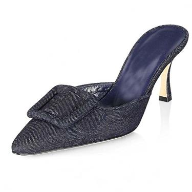 Imagem de Divanne Sandálias femininas de salto alto, bico fino, com fivela e salto gatinho, Jeans preto - 8,5 cm, 40 BR