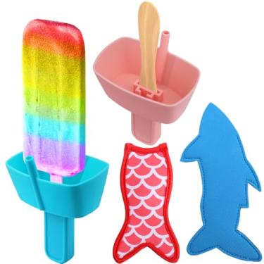 Imagem de AIERSA Conjunto de 4 peças de porta-picolés e mangas de picolé de tubarão para crianças, sem gotejamento, suporte de picolé de silicone com palha, reutilizável, neopreneeeee, congelar, para crianças