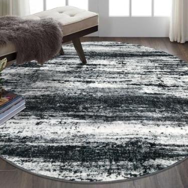 Imagem de KOZYFLY Tapete circular, moderno, abstrato, ombré, para quarto, lavável, redondo, antiderrapante, macio, listrado, sala de estar, tapete circular, preto, azul marinho, cinza, para lavanderia, berçário