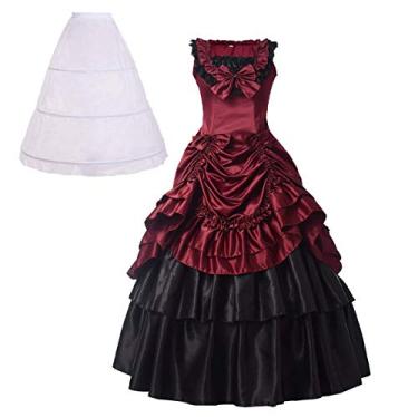 Imagem de BPURB Vestido feminino vitoriano de baile renascentista fantasia de vampiro gótico com anágua (2GG, vermelho/preto)