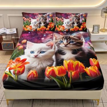 Imagem de AILONEN Jogo de lençol kawaii, solteiro, gato, galáxia, espacial, vermelho, preto, gato, floral, 2 fronhas, 3 peças