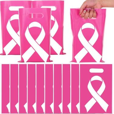 Imagem de JarThenaAMCS 50 peças de sacos de lembrancinha de festa de conscientização do câncer de mama rosa choque fita branca sacos com alças sacos de plástico doces presentes lanches biscoitos embalagem