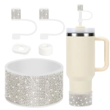 Imagem de Conjunto de acessórios para copo Stanley de strass, incluindo capas de canudo brilhante de 1 cm, tampa à prova de derramamento, bota de silicone com glitter de diamante para acessórios Stanley 1,134 g