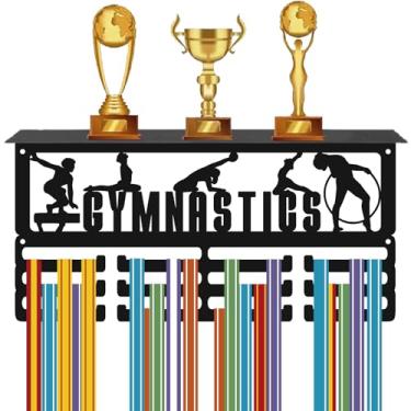 Imagem de CREATCABIN Suporte de exibição de troféu para medalhas de ginástica, suporte de parede de ferro de metal preto, suporte de 60 medalhas, fitas de prêmios, cabide com 12 ganchos para atletas esportivos