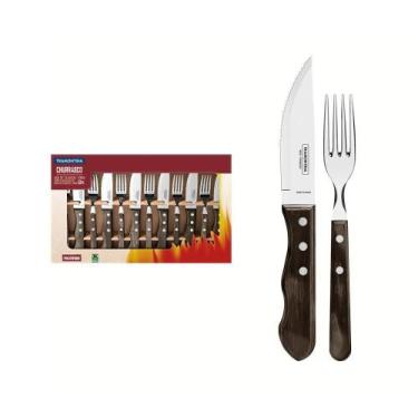 Imagem de Jogo De Talheres Para Churrasco Jumbo Em Aço Inox Com Cabo Castanho Po