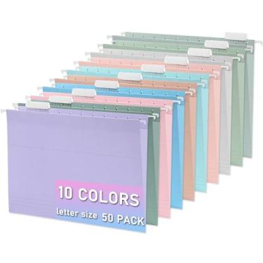 Imagem de 50 pastas de arquivo suspensas, pasta decorativa para pendurar, tamanho carta com aba ajustável de corte 1/5, durável, 10 cores sortidas para arquivo, gaveta, mesa, escritório, casa