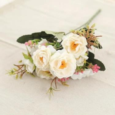 Imagem de Arranjo de flores artificiais de seda, buquê de peônias, vaso, flores falsas para casa, casamento, jardim, sala, decoração faça você mesmo, acessórios para festas (branco)