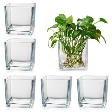 Imagem de Conjunto de 6 vasos de cubo transparente, decoração de casamento/festa/casa, vaso de flores de vidro quadrado de 10 cm com base pesada, exibição multiuso