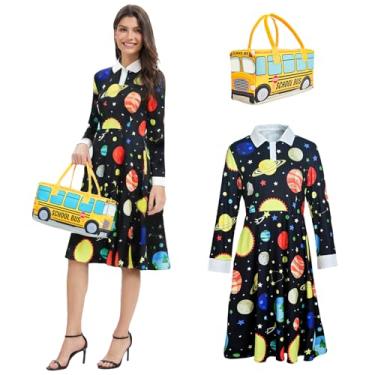 Imagem de GENEHELF Women Halloween Adult Teacher Costume Set Magic Space Planet Long Sleeves Dress with School Bus Bag (black, L)