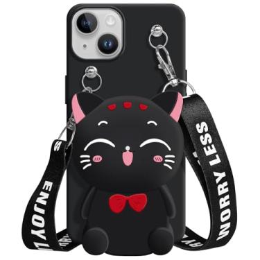 Imagem de SGVAHY Capa carteira para iPhone 14 Plus com cordão transversal zíper gato bonito desenho animado capa para iPhone 3D Kawaii capa protetora de silicone macio à prova de choque para mulheres meninas (preto)