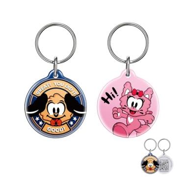 Imagem de 2 etiquetas de identificação de animais de estimação com código QR para cães e gatos – design de personagem PawView à prova d'água, etiquetas inteligentes personalizadas com perfil modificável e