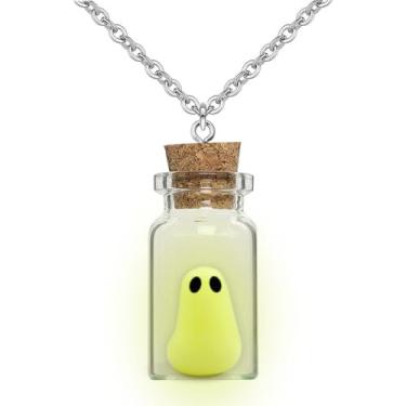 Imagem de TKHLT Colar com pingente de fantasma amarelo em uma garrafa, colar fantasma que brilha no escuro, acessórios de Halloween Adopt a Ghost para mulheres e homens