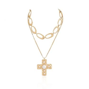 Imagem de Conjunto de colar de camada grossa para mulheres, colar de corda torcida com cruz de pérola, pingente de metal, corrente circular, gargantilha, joia vintage, Adjustable, Metal, Sem Pedra Preciosa