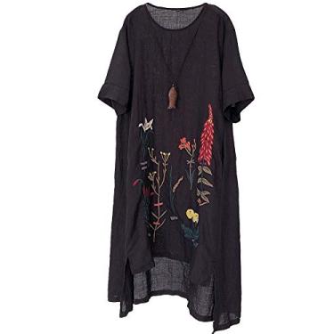 Imagem de Minibee Vestido de verão de linho bordado evasê roupa de túnica de cano baixo, Style1 Black, Large