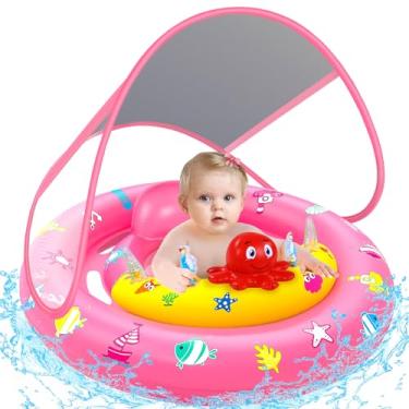 Imagem de Boia de piscina para bebês com dossel, boia de natação inflável para bebês com proteção solar FPS 50+, boia de piscina infantil com console de brinquedo, assento de segurança ajustável para crianças