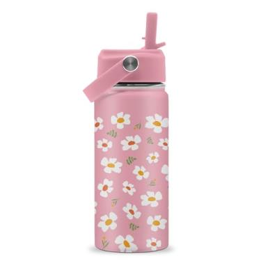 Imagem de ROVOZAR Garrafa de água floral para meninas - Garrafa de água de aço inoxidável de 473 ml com canudo - Copo isolado de flores fofas - Copo infantil floral rosa para escola, esportes, viagens