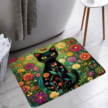 Imagem de KTGHA Tapete de banho de gato preto boho floral fofo animais de estimação gatos flores meninas chique design estético banheiro banheira tapetes de chão tapete decoração de vaso sanitário, 45,7 x 76,2