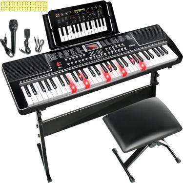Imagem de IMGZAR Conjunto de teclado de 61 teclas para piano elétrico iniciante com suporte, banco, teclado iluminado, tela de LED, alto-falantes duplos, microfone, suporte para partituras, adesivos para notas