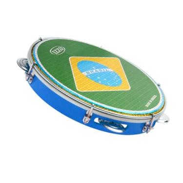 Imagem de Pandeiro Izzo 10" ABS Azul com Pele Bandeira do Brasil Corpo Leve e Resistente 6 Afinadores 5 Pares de Platinelas Flandres