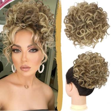 Imagem de PEACOCO Coque bagunçado curto cacheado rabo de cavalo extensão elástico cordão de cabelo solto para mulheres com cabelo fino coque de cabelo de fibra sintética de alta temperatura 80 g, loiro claro