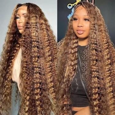 Imagem de Cfaimity Peruca frontal de 86,4 cm com destaque ombré 33 x 15 cm cabelo humano pré-arrancado P4/27 perucas frontais de renda loira mel HD peruca frontal de renda cabelo humano 180% densidade colorida