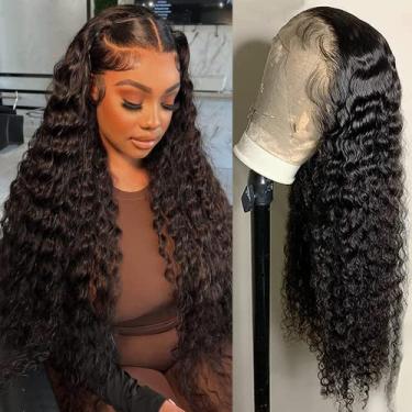 Imagem de GIESWY Perucas de cabelo humano com tela frontal de onda profunda para mulheres negras 13x4 HD transparente lace frontal sem cola, cabelo humano pré-arrancado com cabelo de bebê, densidade de 180%