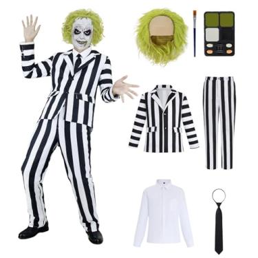 Imagem de KFVZIU Terno listrado preto e branco masculino assustador fantasias de Halloween adulto terror comédia filme personagem cosplay roupa camisa gravata, Preto e branco, 3G