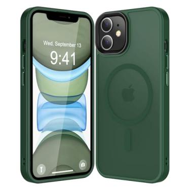 Imagem de CHEZEAL Capa magnética forte para iPhone 11 compatível com Magsafe, [resistente a quedas de 3,5 m] Capa de telefone translúcida fosca para trás, chaves de liga de alumínio à prova de choque, verde