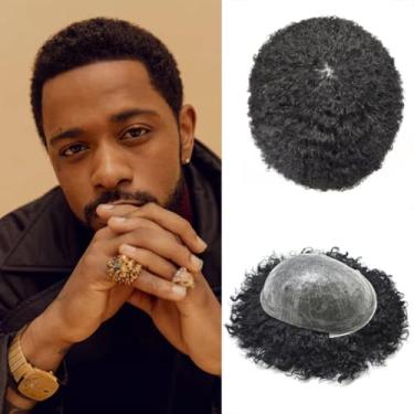 Imagem de Peruca Afro para homens negros encaracolados Afro Wave Peruca de cabelo masculino PU peruca masculina afro-americana substituição de cabelo humano preto homens unidades de cabelo 20 cm × 25 cm 8 mm