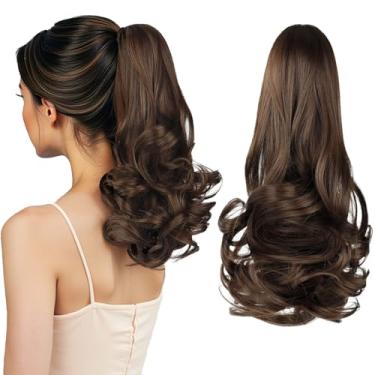 Imagem de HEWEICSY Extensão de rabo de cavalo, rabo de cavalo com clipe para mulheres, clipe de garra de 35,5 cm em extensão de cabelo de pônei ondulado curto encaracolado para mulheres - marrom