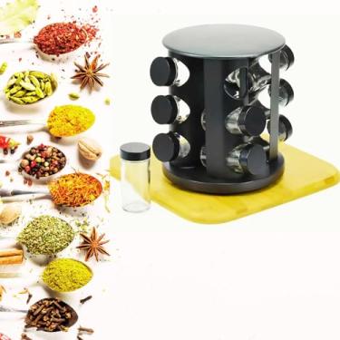 Imagem de Porta Temperos Giratório Redondo, 9 Potes de Vidro com Tampa Dosadora, Suporte Organizador de Condimentos, Preto, Acessório de Cozinha