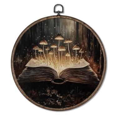 Imagem de Giosve Pôster emoldurado em tela redonda de cogumelo mágico caprichoso, floresta mágica, esculturas de parede penduradas em livros temperamentais para decoração de sala de canto de leitura de