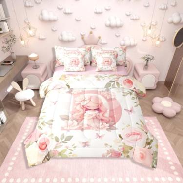 Imagem de Erosebridal Conjunto de edredom solteiro romântico com letra D, 7 peças, floral, rosa, jardim de fadas, para crianças, meninas, mulheres, kawaii, borboleta, rosa, conjunto de cama